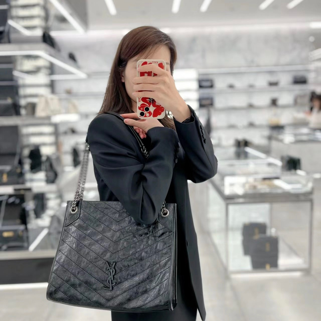 생로랑 니키 체인 미디움 쇼핑백 토트백