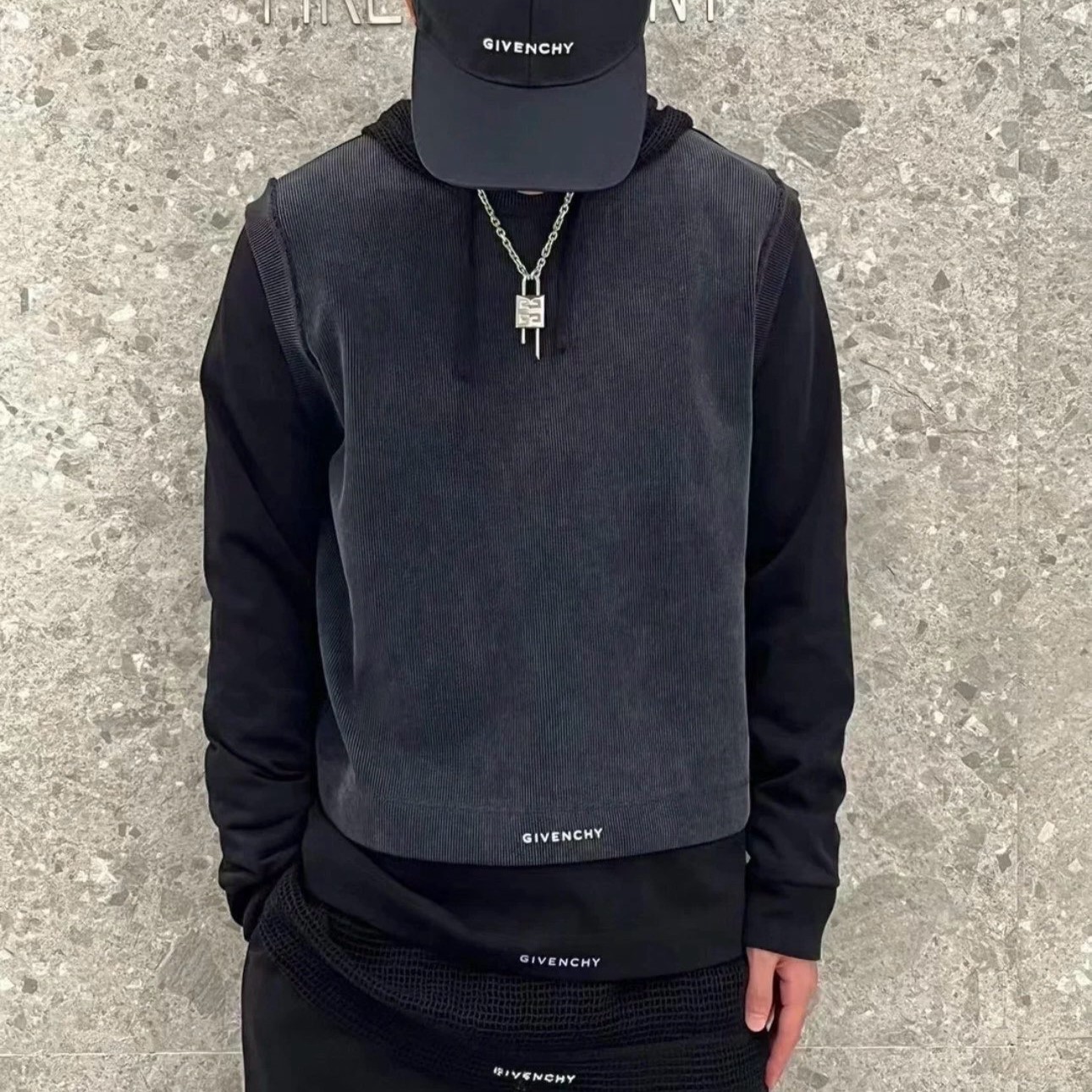 지방시 메쉬와 코튼 레이어드 후드 티셔츠