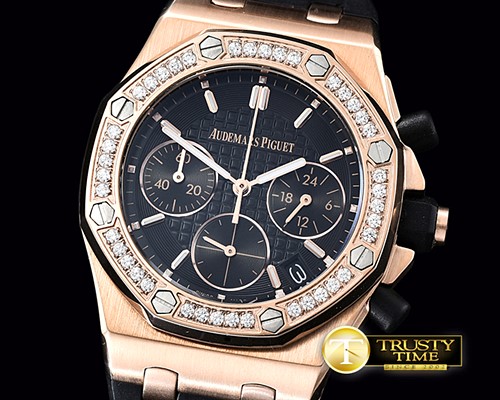 오데마피게 Royal Oak Ladies Chrono RG/RU Diam Bez Black VK Qtz -AP0344A