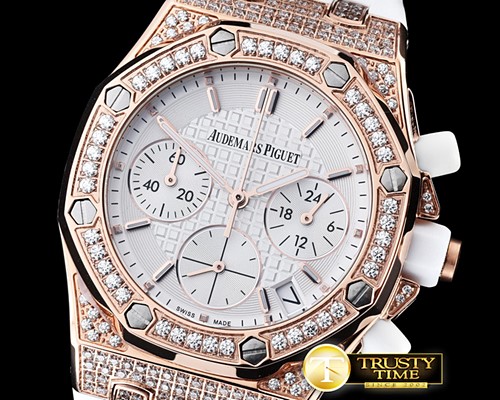 오데마피게 Royal Oak Ladies Chrono RG/RU Wht Stk Diam Bez VK64 -AP0369A