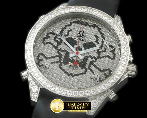 아콥 5Time Zone Skull SS/RU Diam Swiss Orig Quartz -JAC009C