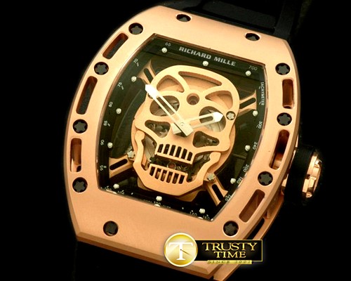 리차드밀 Skull Tourbillon RG/RU Black Asian 21J Decorated Movt -RM039B